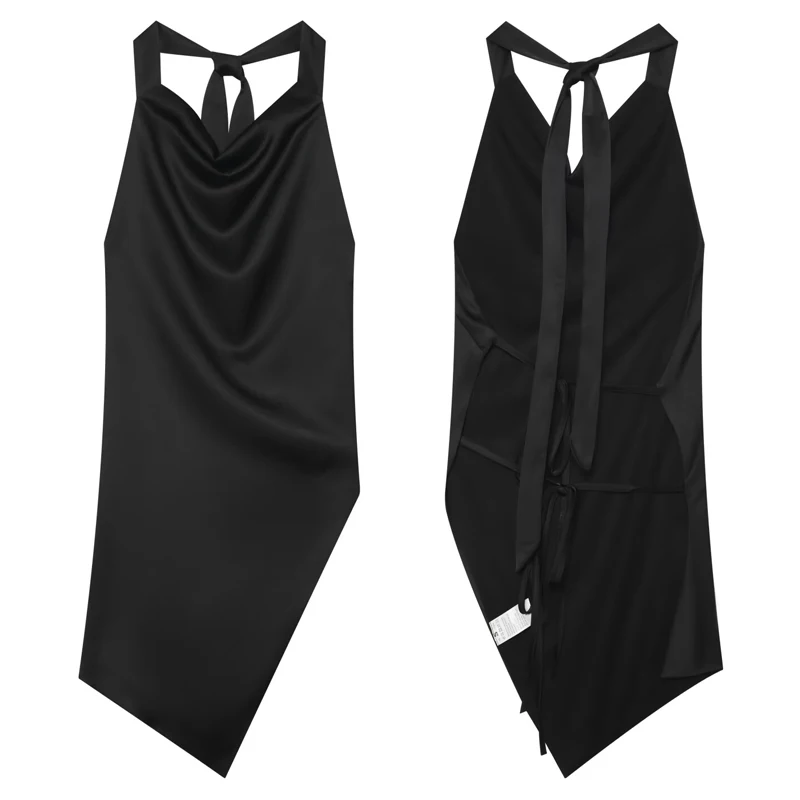 HXAO Satin-Neckholder-Top für Damen, weiß, asymmetrisch, ärmellos, mit offenem Rücken, für den Sommer, schwarz, elegant, rückenfrei, mit Bändern, Tank-Tops – Detail 12