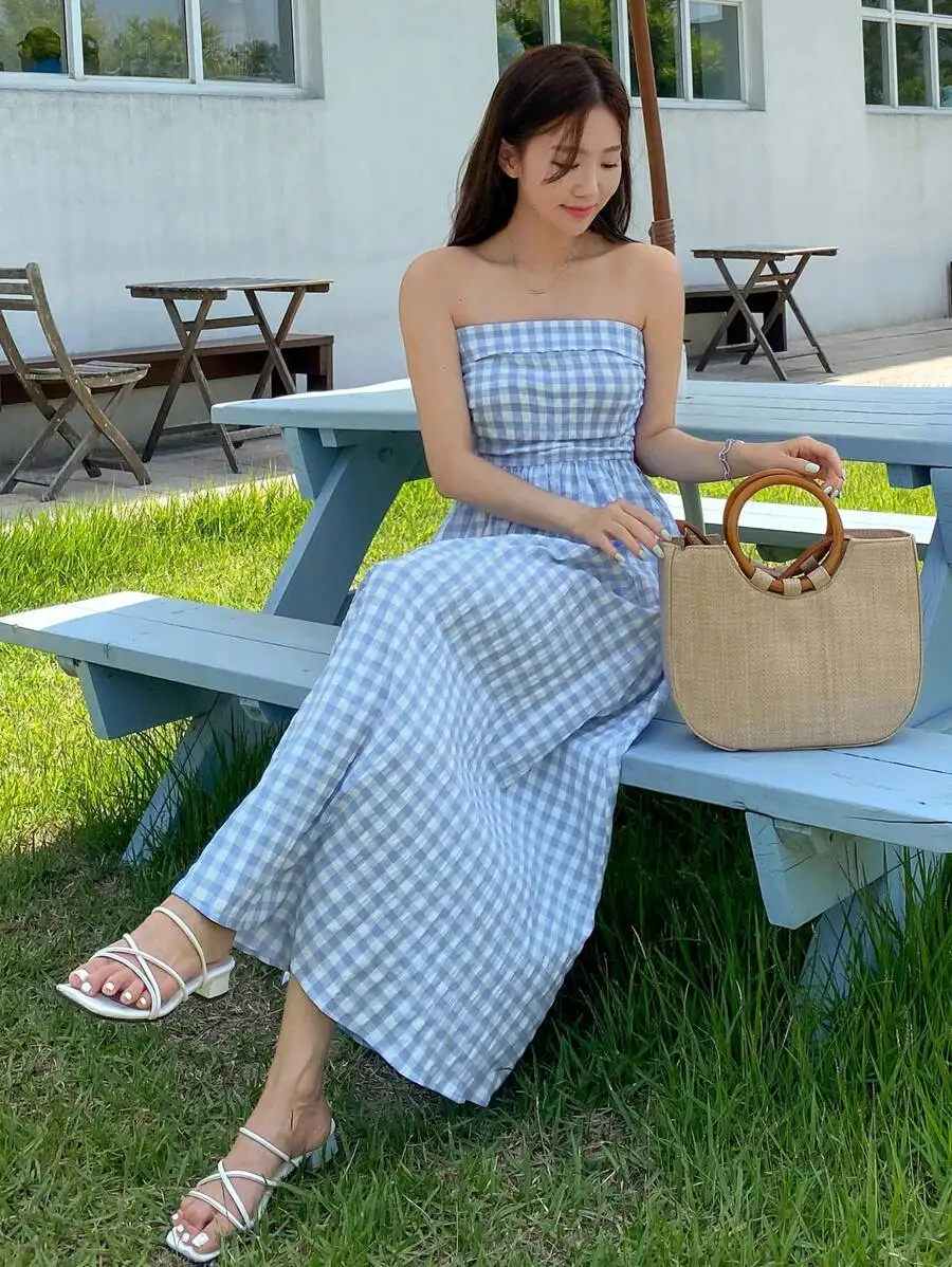 Vestido Tubo sin Tirantes con Estampado Gingham, Vestido de Verano Boho para Vacaciones, para Mujer