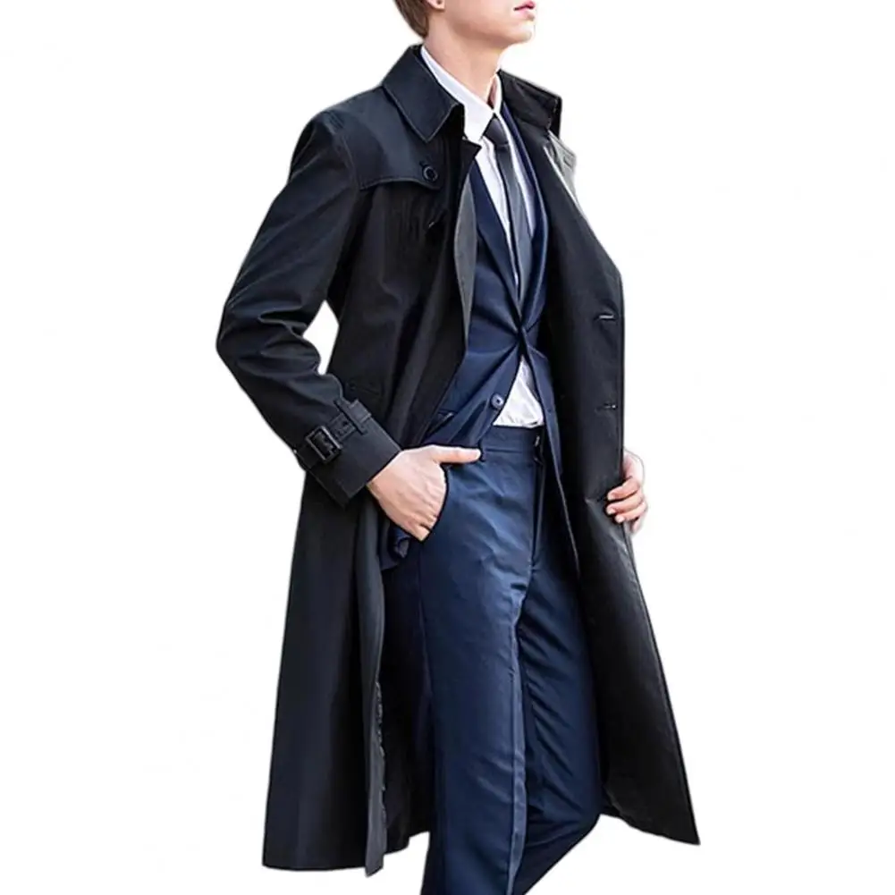 Herren Windbreaker Mantel Revers Langarm Zweireihiger Mittellanger Trenchcoat Einfarbig Casual Business Oberbekleidung