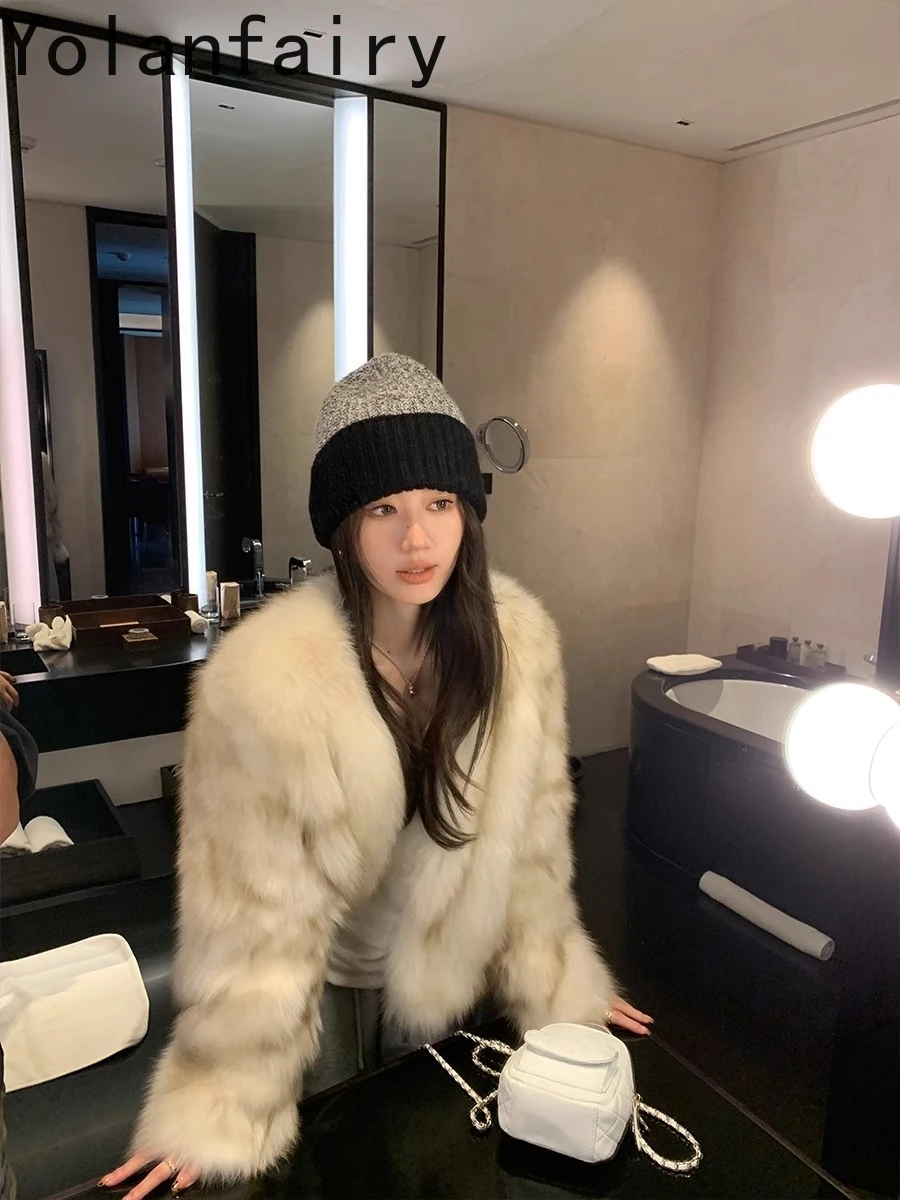 YOLANFAIRY 100% معطف فرو الثعلب الأصلي ملابس نسائية 2025 شتاء قصير أنيق معاطف الفرو الحقيقي للمرأة سترة من الفرو ملابس خارجية