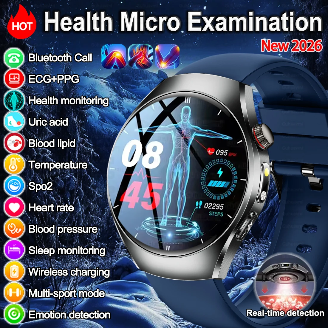 

2026Новые умные часы для анализа тела медсестер AI-ECG, кровяное давление, мочевая кислота, гиполиды в крови, IP68, HD-вызов, умные часы для мужчин и женщин