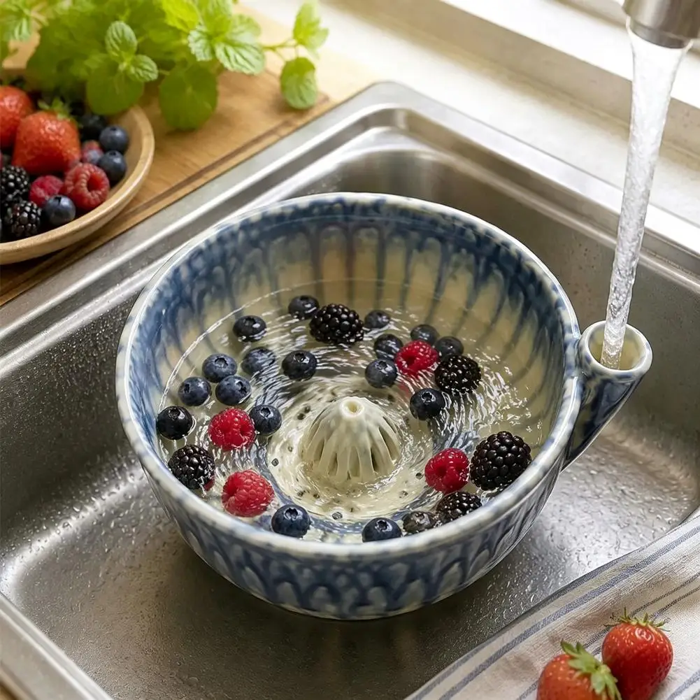 Berry Washing Bowl Ceramic Spinning Colander Strainer Drain Basket Fruit Vegetable Washer Rinser Salad Spinner Kitchen Gadget - view 4