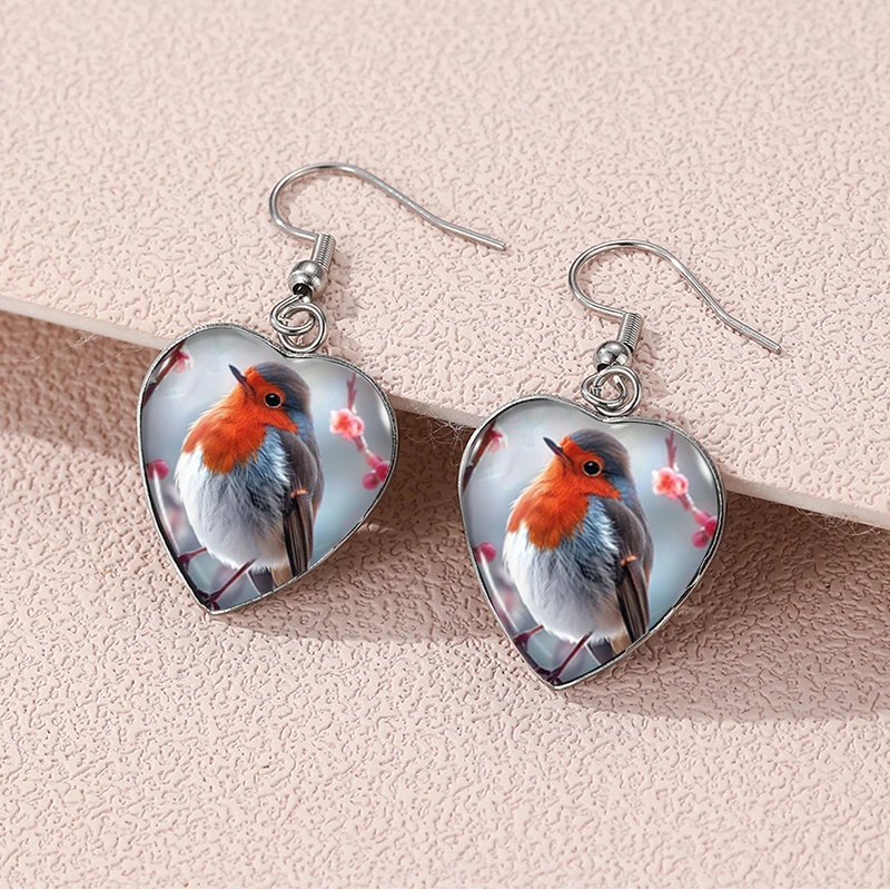 2024 New Robin Bird Dangle Earring Heart Shaped Earrings Handmade Glass Dome Jewelry