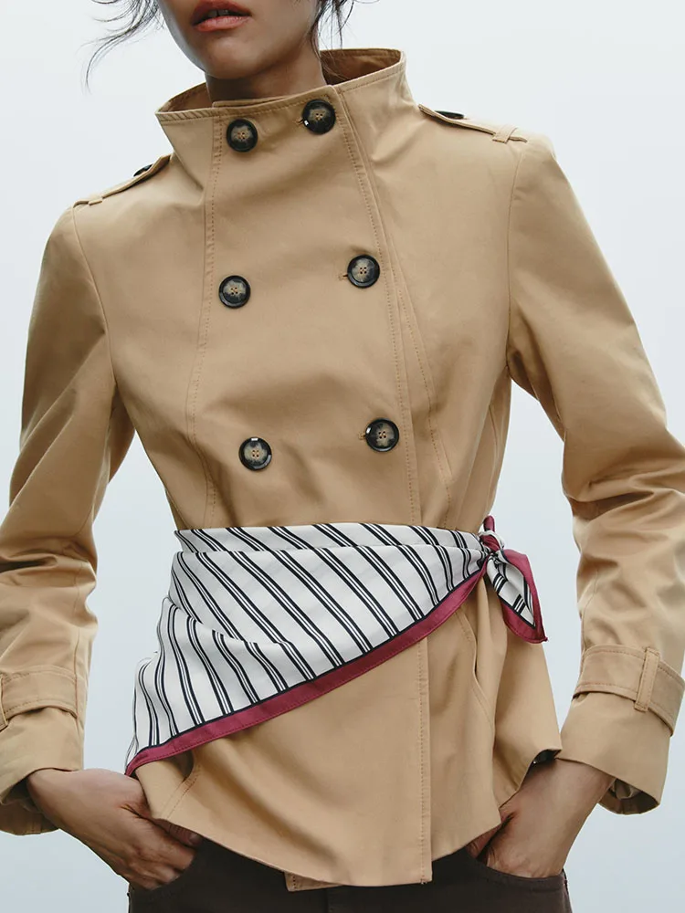 Spring 2025 Faion New Women's Long Sve Stand Collar Printed Thin Scarf Decorated ort Jaet Regular Fit Commute Sle