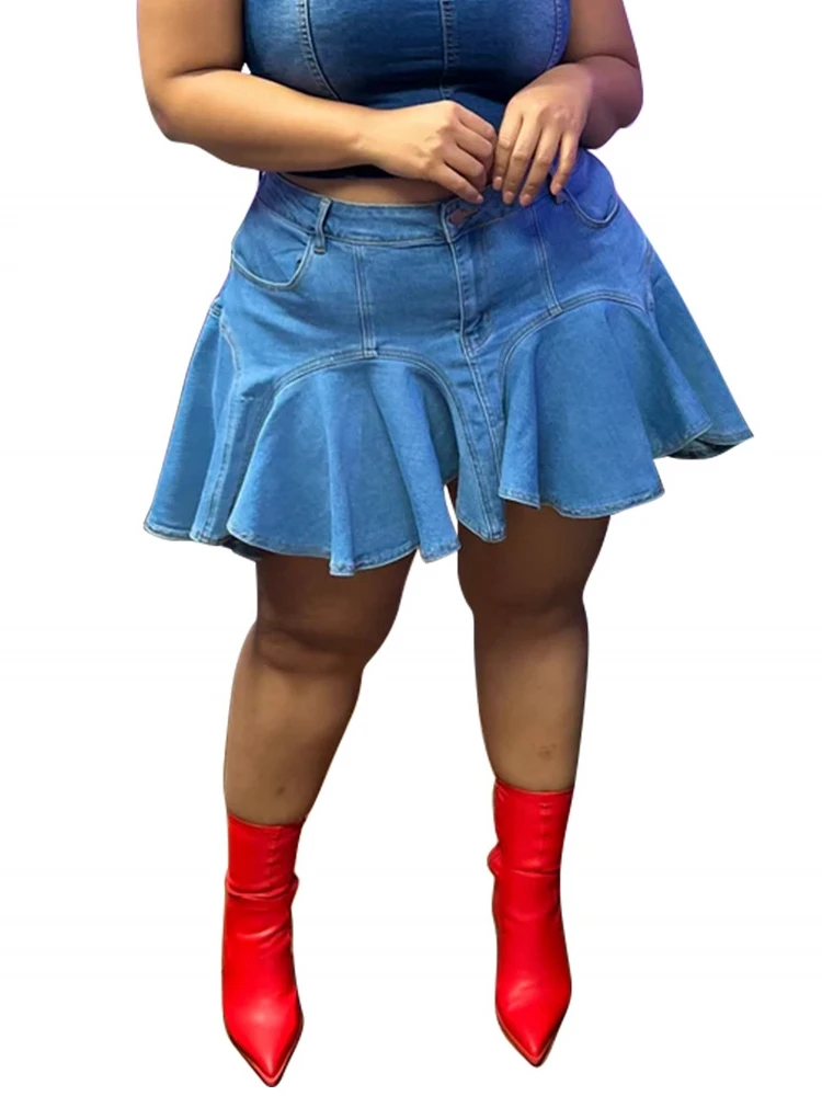 

Women Plus Size Casual Denim Mini Skirt High Waist A-Line Mini Length Blue Vintage Flared Skirts For Plus Size Women's Clothing