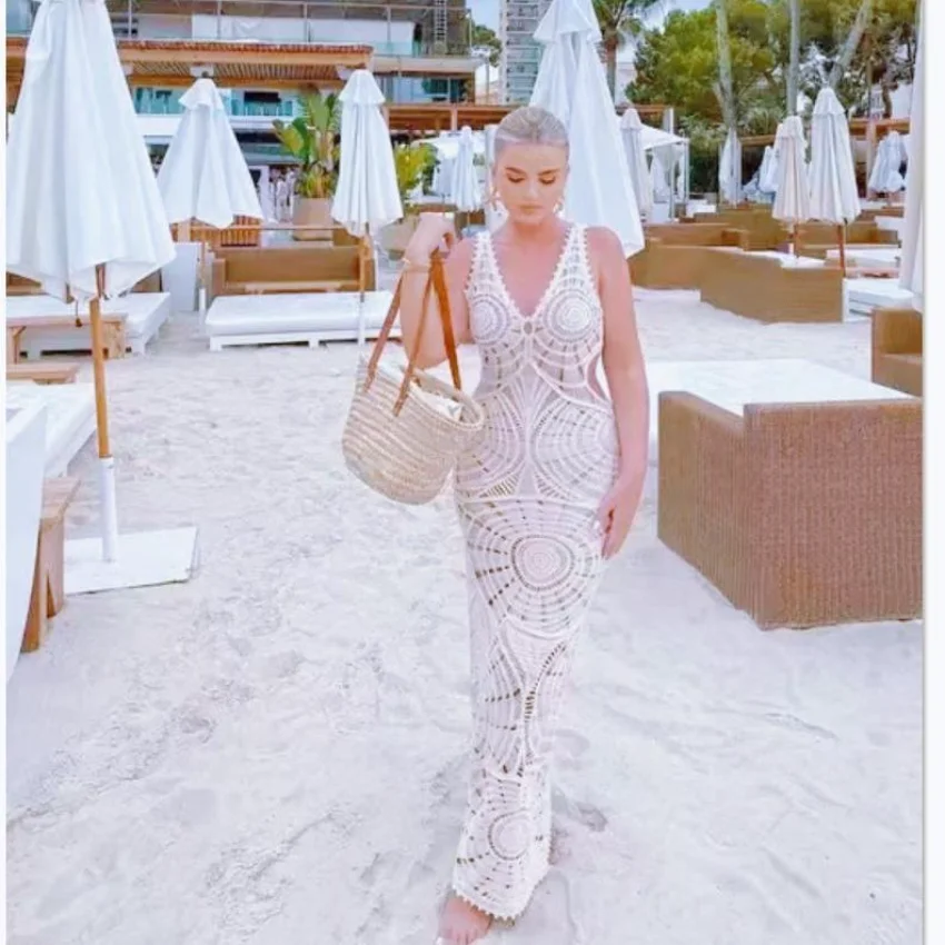 Vestido de playa de punto para mujer, vestido de longitud media ajustado y Sexy con cuello en V hueco, corte bajo, Ins