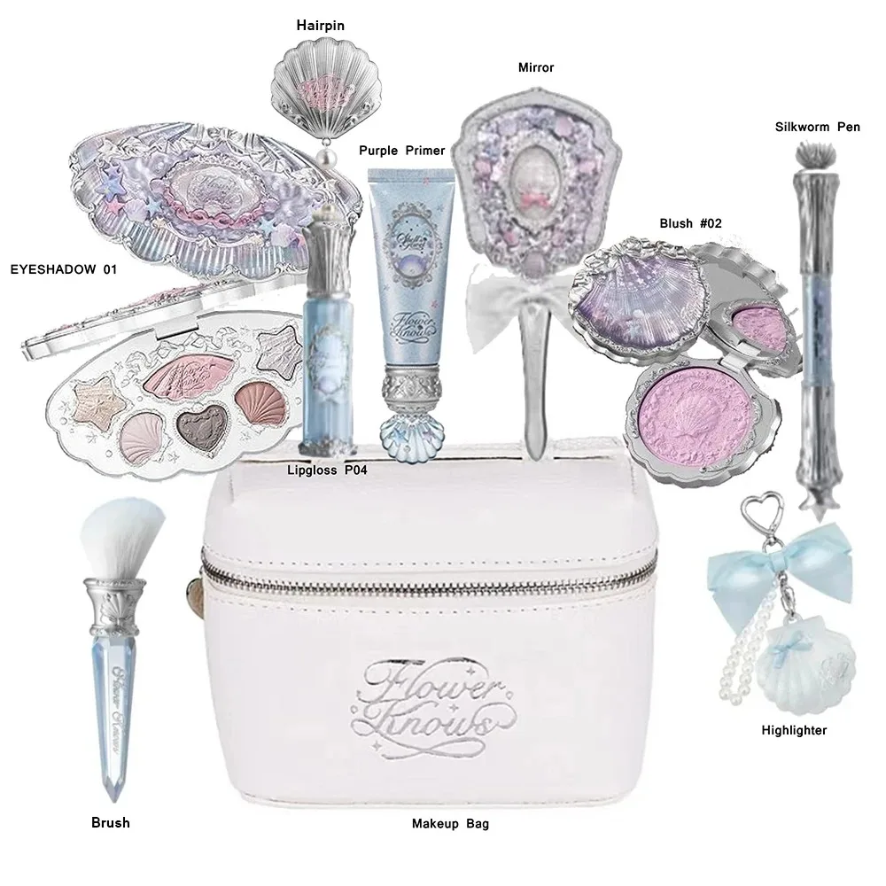 

Набор для макияжа Flower Know Shell Pearl Collection: тени для век, блеск для губ, румяна, пудра, глиттер, хайлайтер