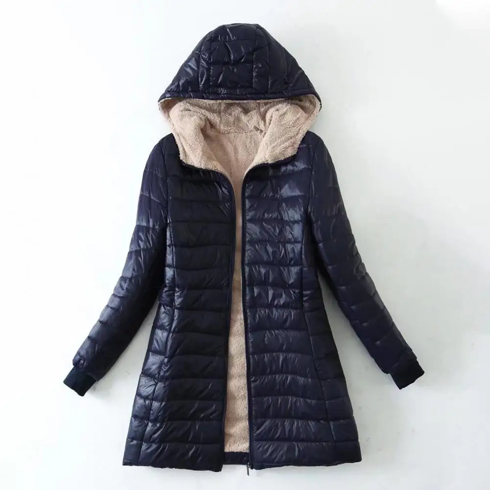 Hooded Coat Plush Lining Solid Zipper Closure Slim Cardigan Warm Casual Wear Autumn Winter Mid-length Jacket Women Clothing