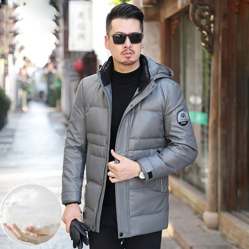 Winter Genuine Leather Coat Down Jacket For Men Mid To Long Sheepskin Coat Man Hooded Thick Soft Leather Duck Puffer Jacket Men