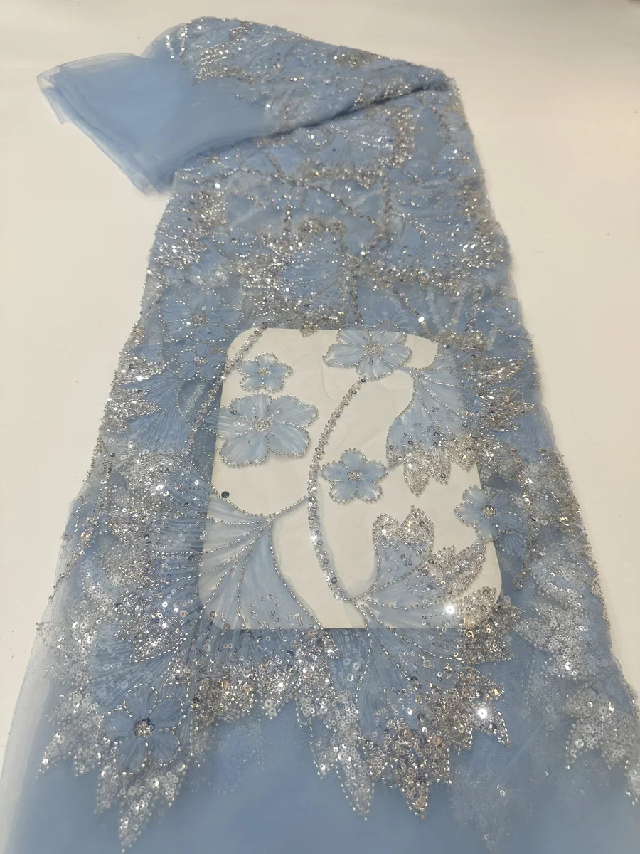 

New Design Sky Blue Fashion Beaded Sequins African Lace Fabric 2025 High Quality Handmade Beads French Lace Party Fabric LYX2511