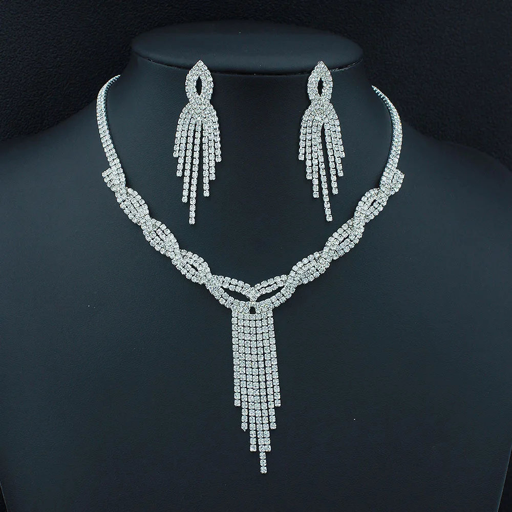 

Factory Foreign Trade Fashion Winding Water Crystal Tassel Necklace + Earrings Full Crystal Ladies Jewelry Set