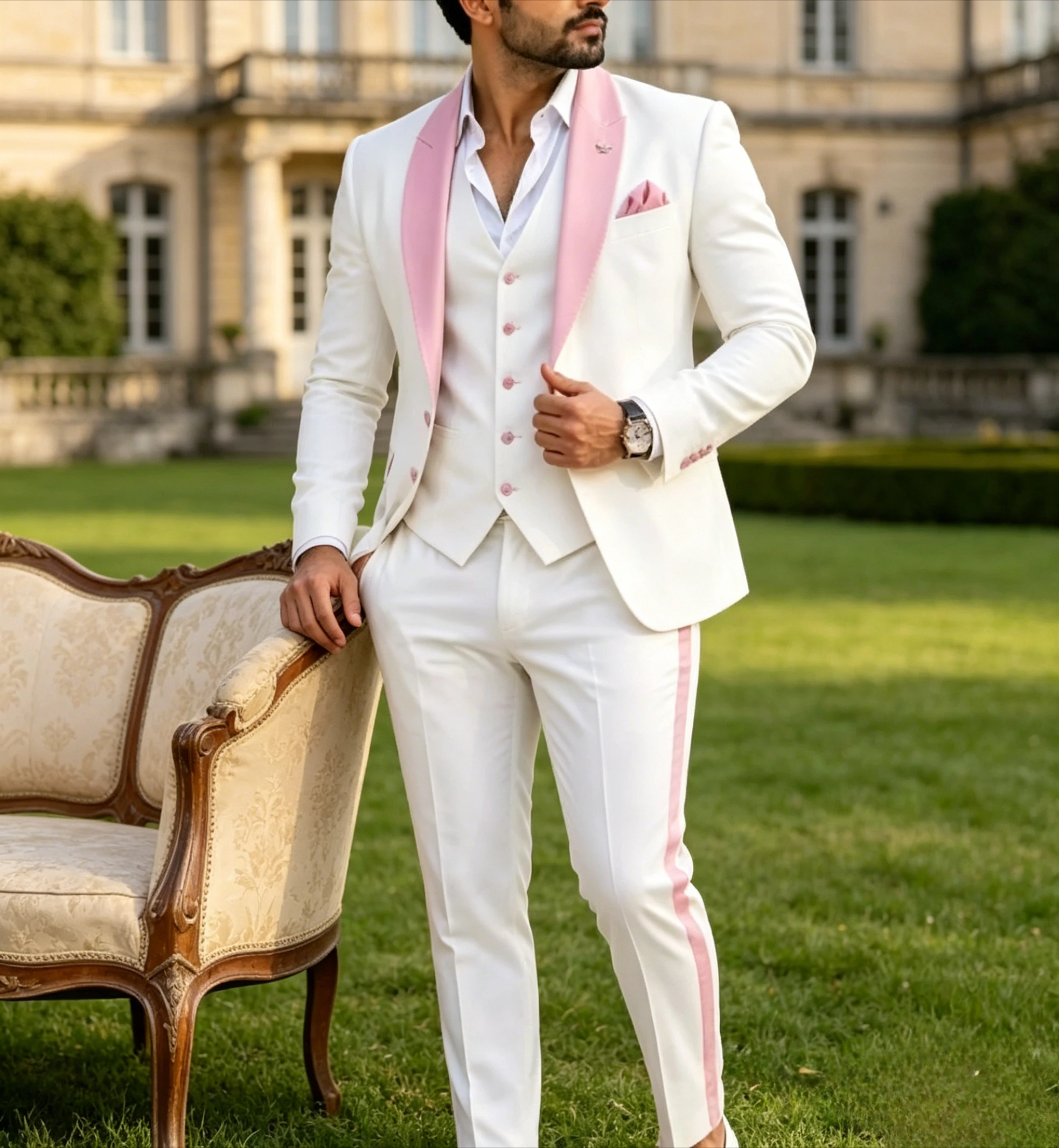 

Men Formal Pink And White Suit Wedding Party Groom Groomsman Prom Business Male Tuxedos 3 Piece Set Jacket Vest Pants