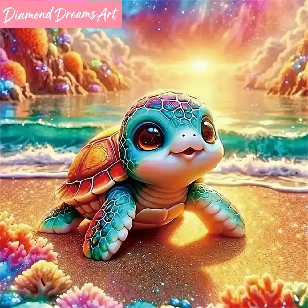 Diamant-Mosaik mit Meerestier-Muster für Erwachsene und Anfänger, Diamantmalerei Sonnenuntergang DIY Schildkröte, Rahmenlos