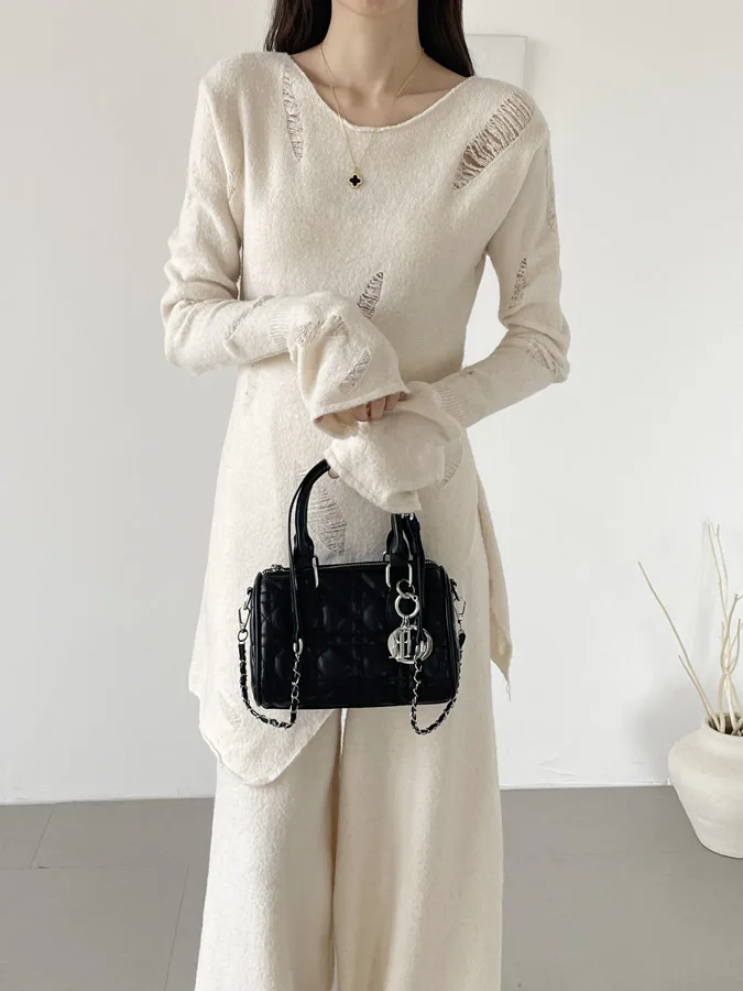 Autumn Faion Maglione di media lunghezza da donna + Pantaloni a gamba larga Set di due pezzi Design con foro chic Abbigliamento casual Vestibilità comoda Taglia per adulti