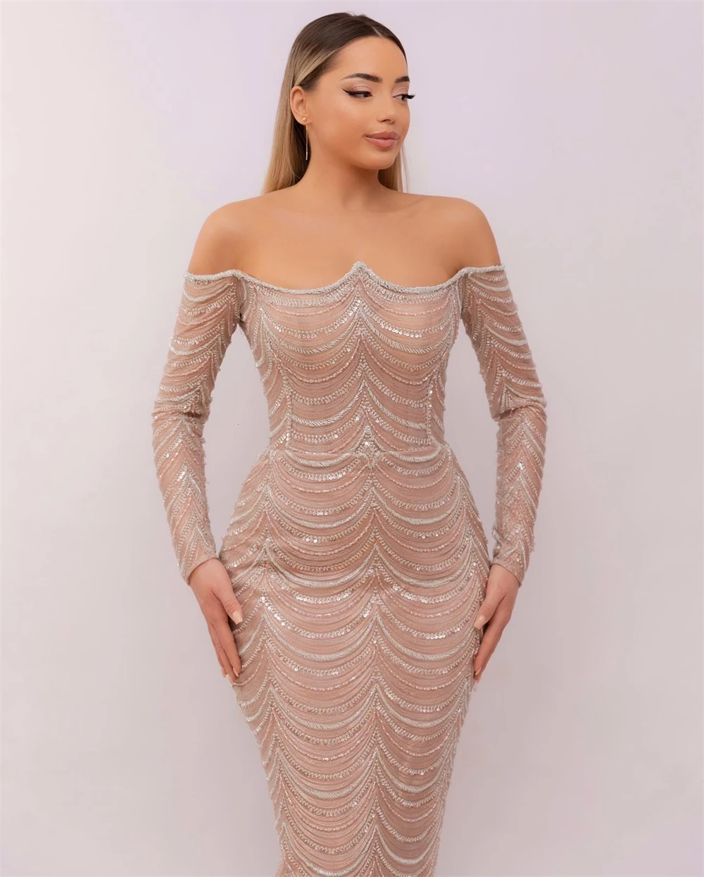Customized Mermaid Luxury Tulle Evening Dresses Exquisite Off the Shoulder Long Sleeves Celebrity Gowns Fashion Vestido De Festa