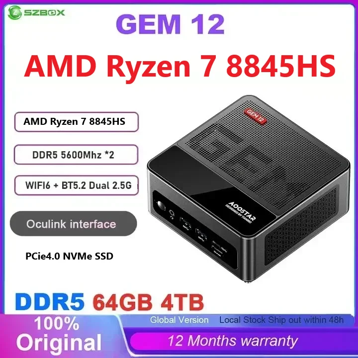 Aoostar GEM12 AMD Ryzen 7 8845HS Mini PC Windows 11 DDR5 32GB 1TB PCie4.0 NVMe SSD Wifi6 BT5.2 Mini PC Gamer Black/Grey Randomly