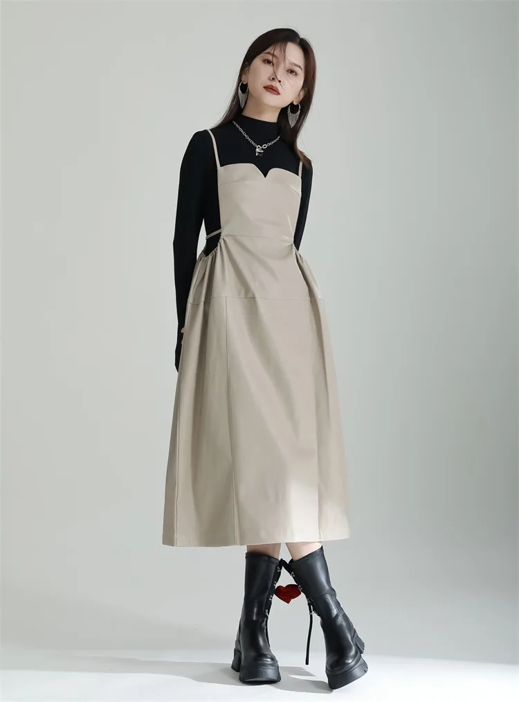 PU Suspender skirt 2024 spring new niche design sense waist closed three-dimensional large swing dress