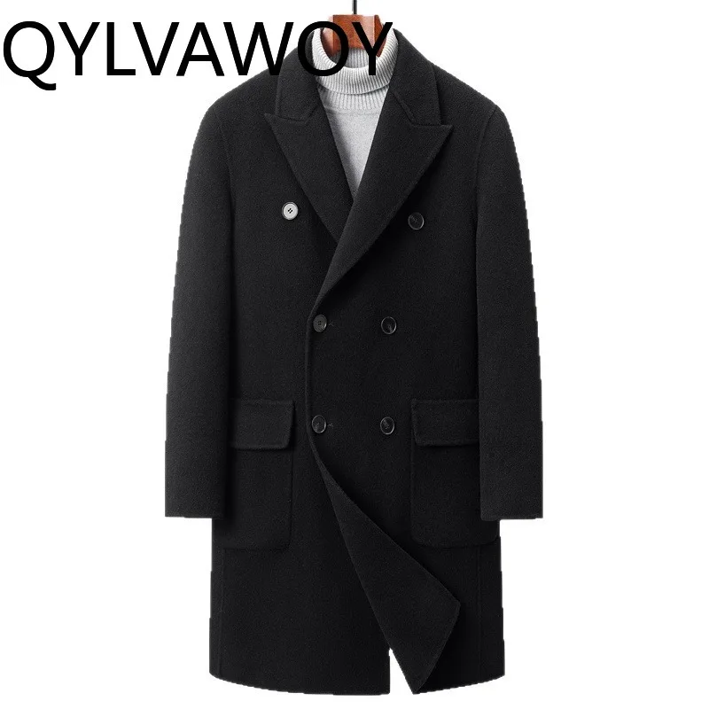 

QYLVAWOY 100% Шерстяная Мужская Куртка Осенне-Зимняя, Высококачественное Шерстяное Пальто с Подкладкой из Кроличьего Меха, Утепленная Повседневная Одежда для Мужчин