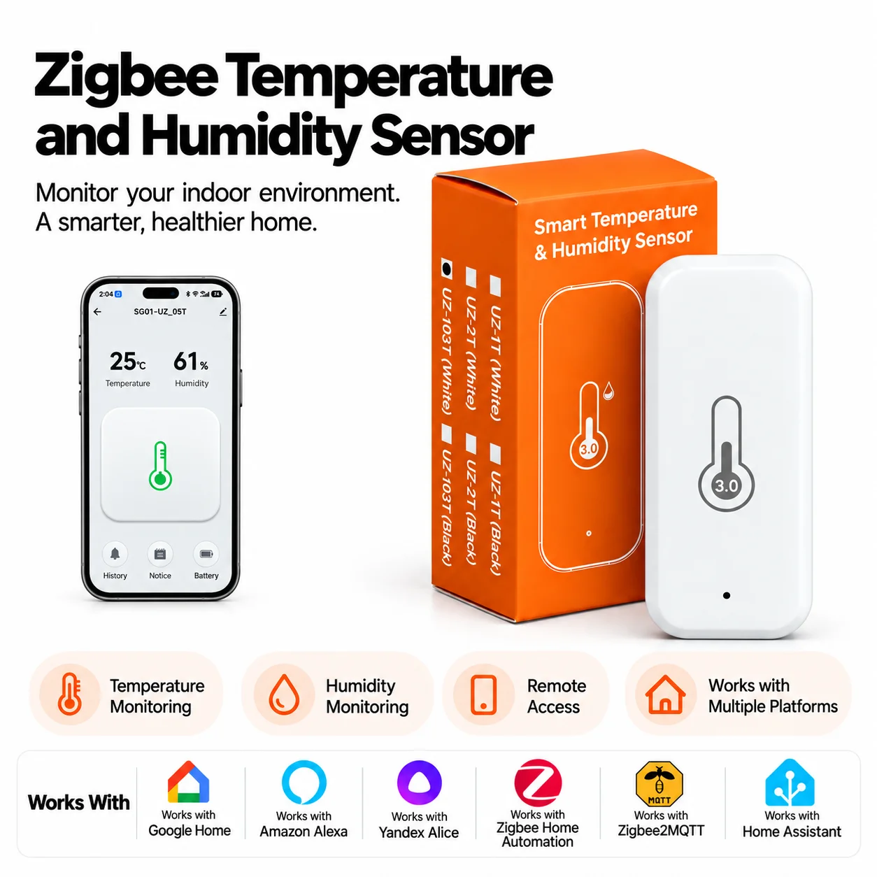 Zigbee 3.0 Temperatur- und Feuchtigkeitssensor für den Innenbereich, Smart Zigbee Gateway erforderlich, funktioniert mit Yandex, Zigbee2Mqtt, Home Assistant, Alexa