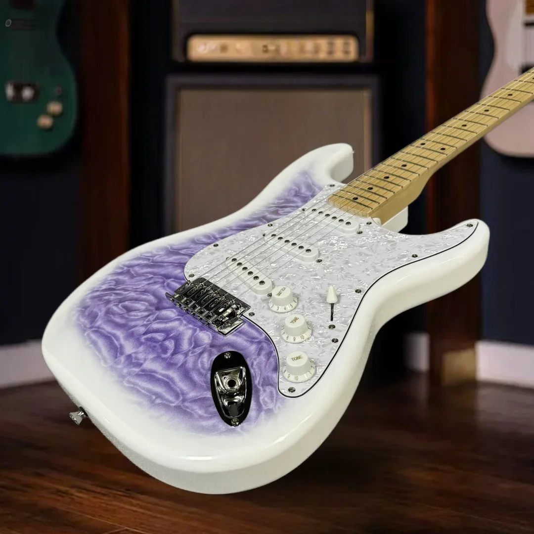 

Free Shiping 6 Strings Purple ST Electric Guitars High Quality 21Frets SSS Pickups Maple Neck Hot Sale White Pearl Guard