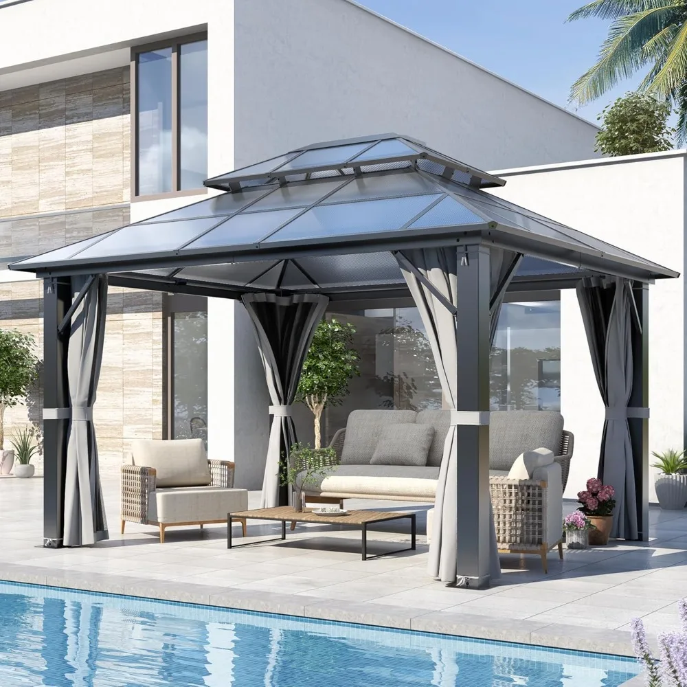 10FT x 12FT Patio Polycarbonate Hardtop Gazebo, Steel Frame Outdoor Translucent Double Roof Gazebo with Netting, Customized