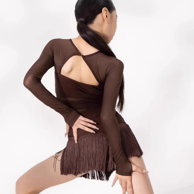 Latin Dance Dress Ballroom Dance Competition Costumes Girls Long Sleeved Latin Top Tassels Skirts Kids Stage Performance Wear