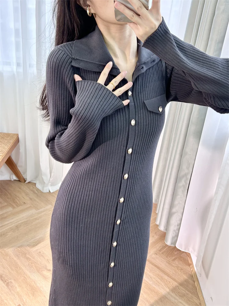 Women's Knitted Slim Fit Long Dress, Buttons Fastening, Turn-down Collar, A-Line, Elegant Style, High Street, Chic, Fashionable