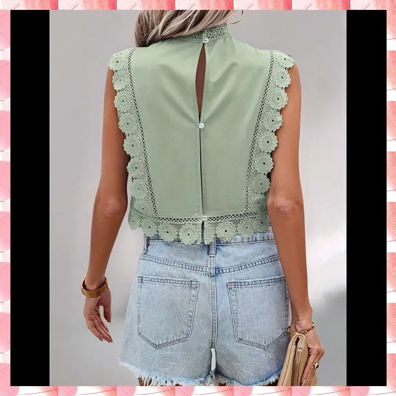 

Women's Floral Embroidery Lace Trim Blouse Mock Neck Sleeveless Holiday Crop Tops