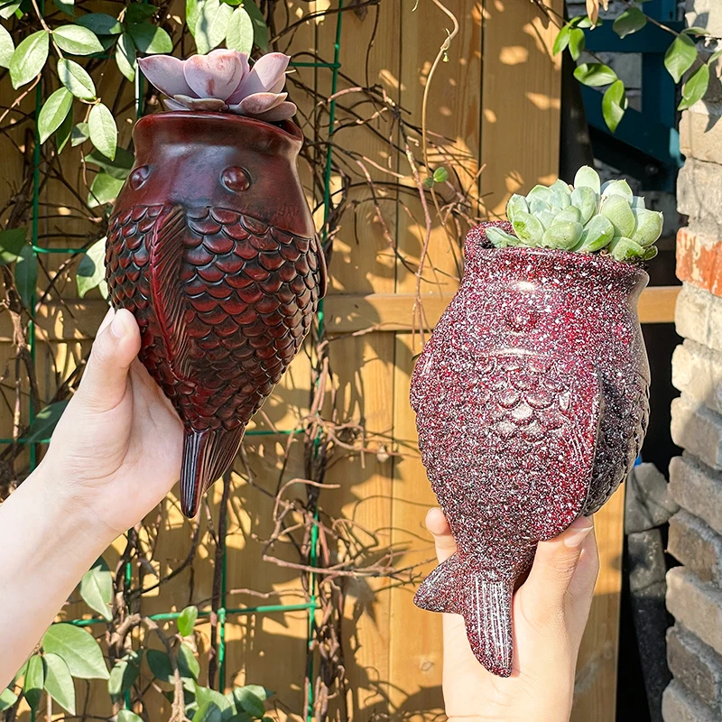 Vintage Weathered Textured Multicolor Resin Fish Shaped Wall Mounted Succulent Planter Home Outdoor Patio Wall Decor Figurine