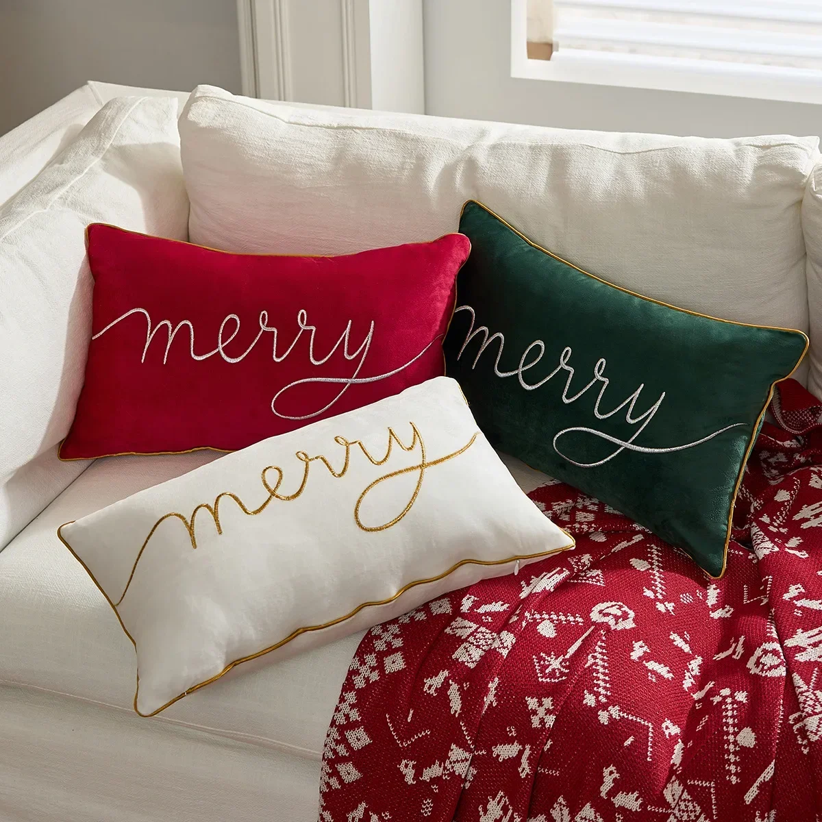 2PCS Merry Christmas Cushion Cover Letter Christmas Tree Embroidery Pillowcase Sofa Bedhead Waist Pillowcase Festival Decorative