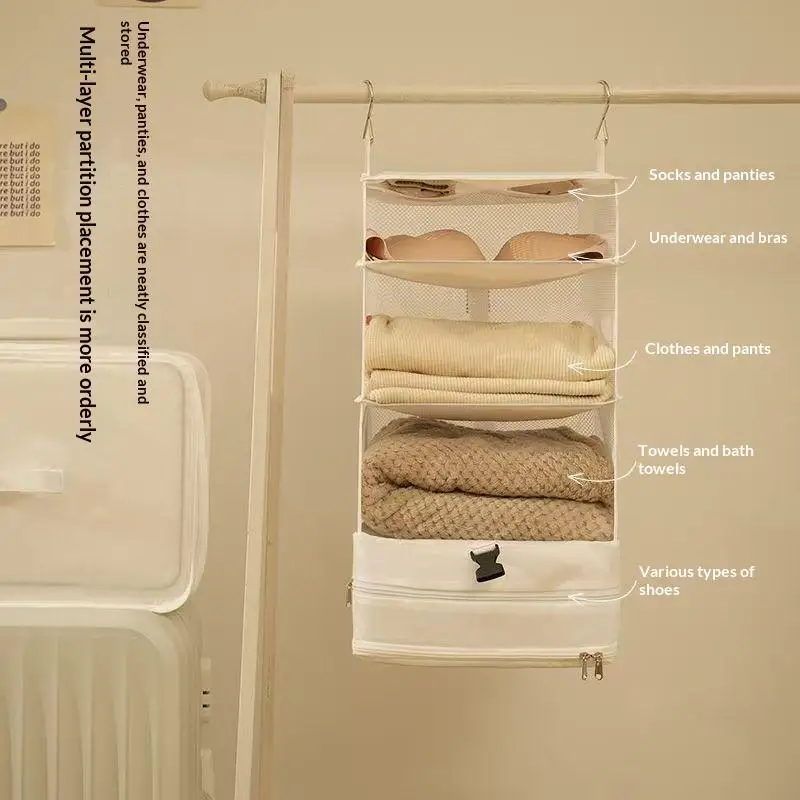3 Tier Hanging Closet Organizer Breathable Mesh Detachable Zipper Pockets Foldable Storage for Dorm Room Small Wardrobes