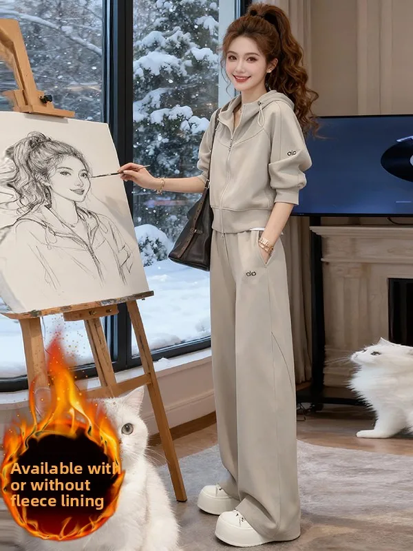 

Fashionable Sportswear Set Women's Winter Warm Fleece Lined Jacket And Wide Leg Pants Two Piece Casual Sportswear Ensemble