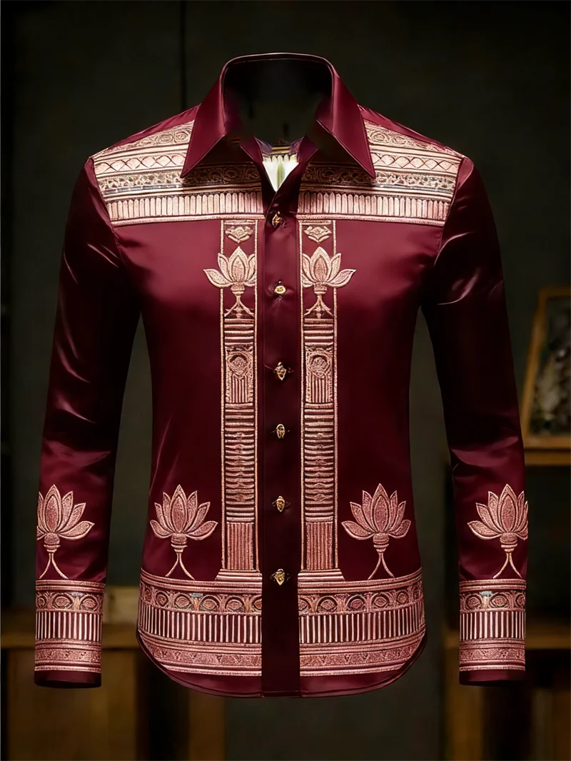 New men's long sleeved shirt with gold lotus 3D printed shirt, fashionable pattern, luxurious shirt style