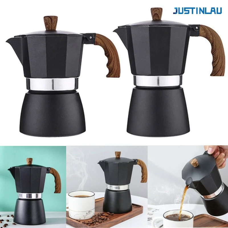 Macetas Moka italianas, cafetera Espresso de aluminio, percolador, estufa, olla superior con mango de madera, herramientas de café, accesorios de cocina y cafetería
