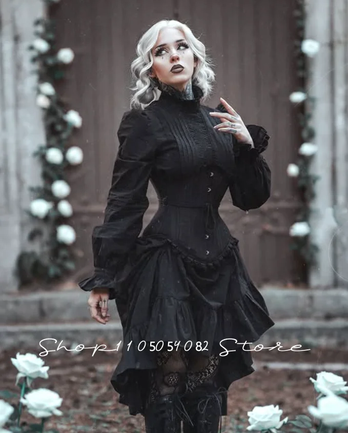 Gothic Victorian Prom Dress Black Lace Long Sleeve High Neck Ruffle Hi-Lo Evening Gown Dark Witch Cosplay Costume Customized