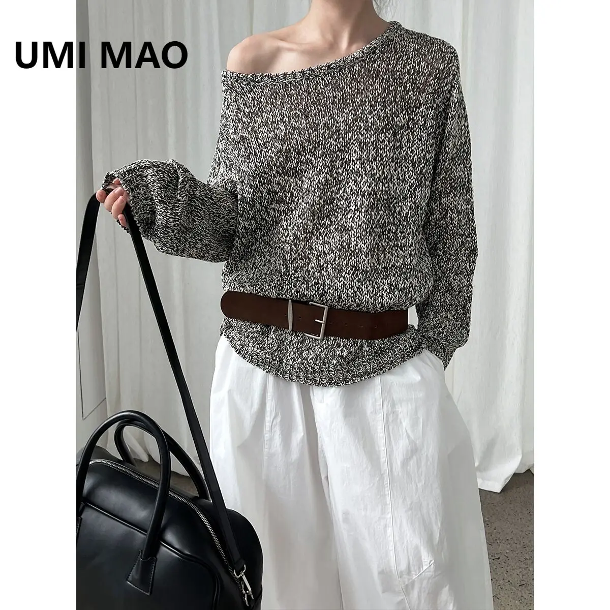 

UMI MAO корейский стиль асимметричный вязаный свитер из пряжи с цветочным принтом для женщин осенний новый стиль с поясом ленивый ажурный топ