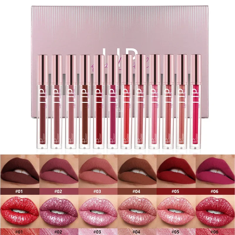 Pudaier 12 Color Matte Pearl Glitter Lipgloss Lipsticks Set Nude Liquid Lip Stain Makeup Non-stick Cup Lip Gloss Stick Cosmetics