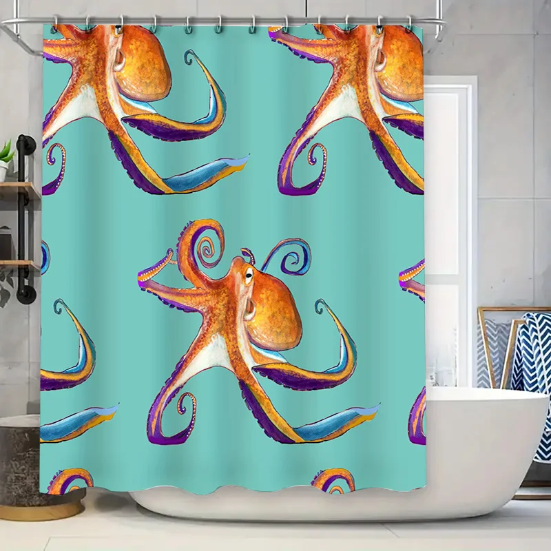 

Octopus Print Shower Curtain Waterproof Bath Decorations for Home Decoration Bathroom Accessories Blue Background with Purple Ye