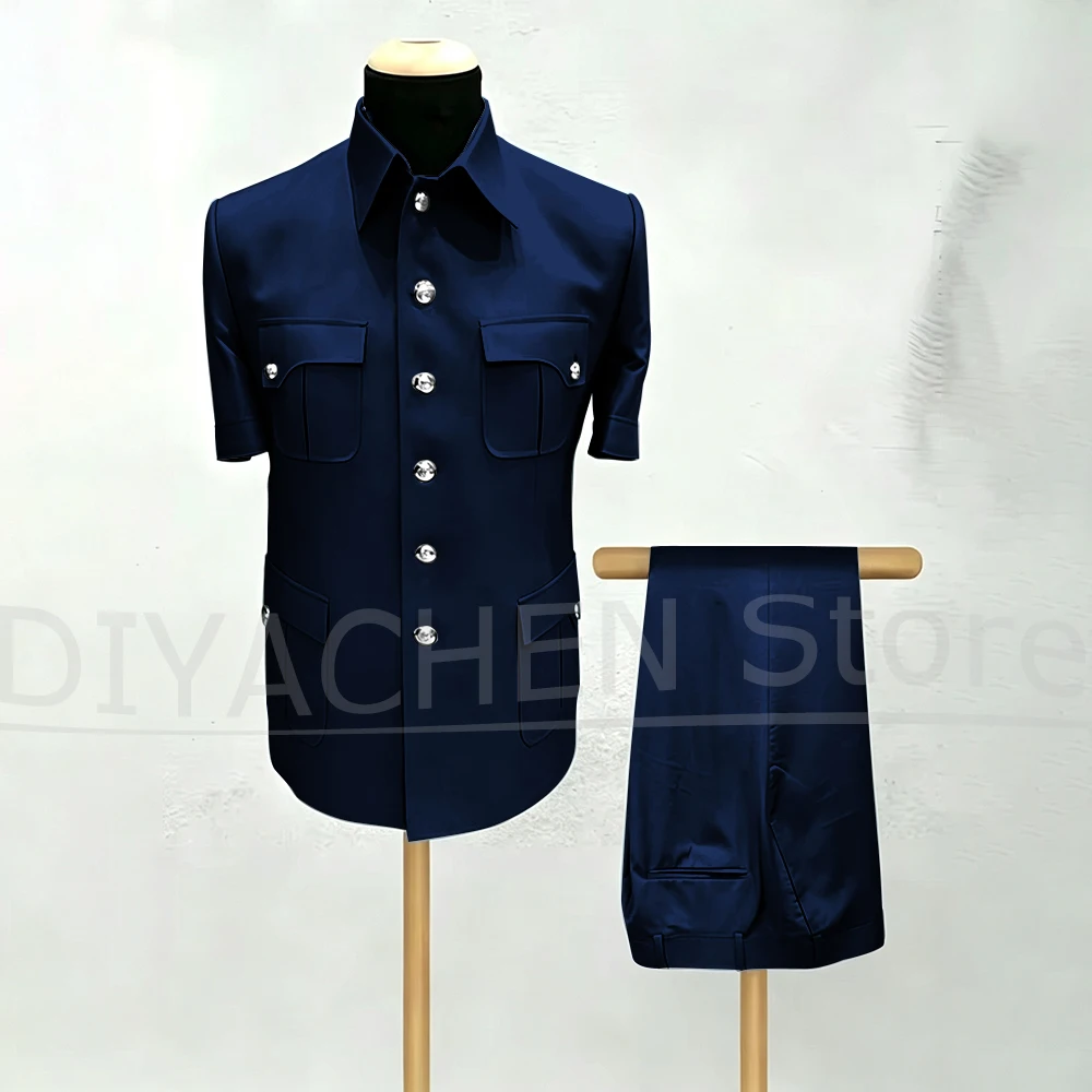 Men Two Piece Suit Short Sleeve Multi Pocket Jacket And Trousers Custom Casual Formal Outfit For Business Wedding Party Wear