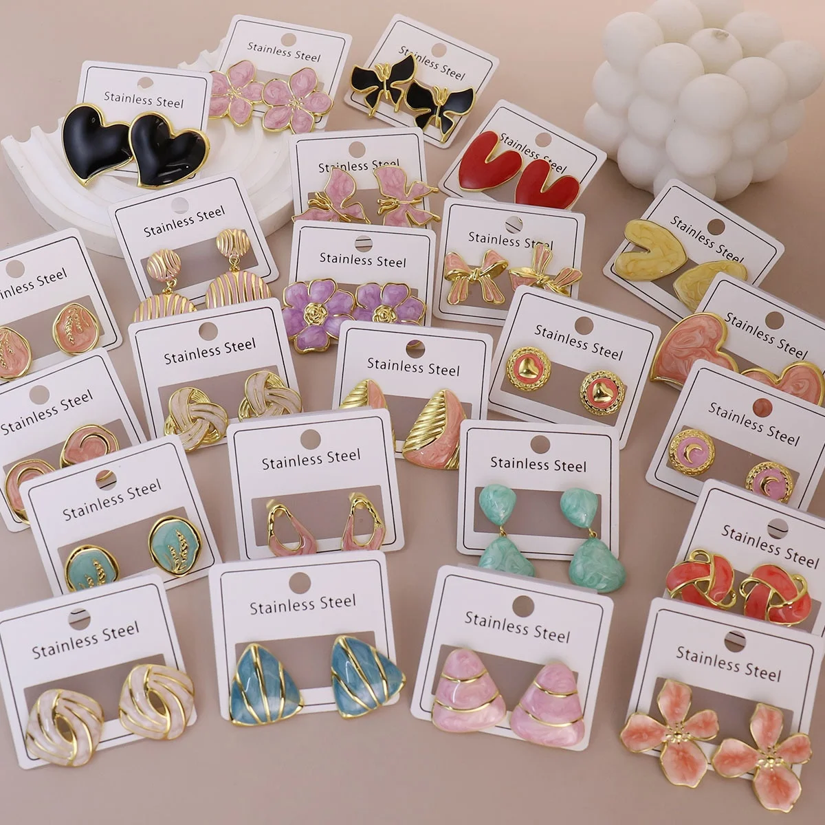 

Wholesale Rust-proof Ins Fashion Enamel Stainless Steel Heart/Flower/Bow/Butterfly Earring Pink Blue Ear Stud For Women Jewelry