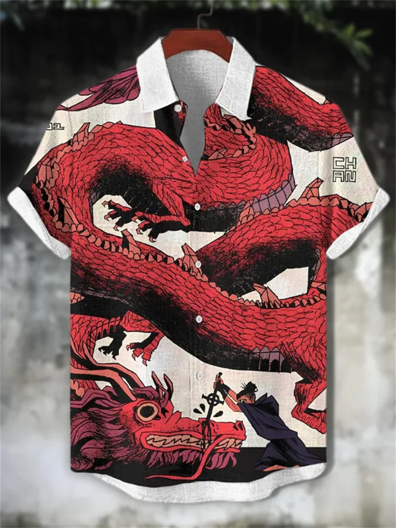 

New Men's 3D Warrior Cat Printed Linen Short sleeved Shirt Casual Trendy Retro Collar Short sleeved Shirt