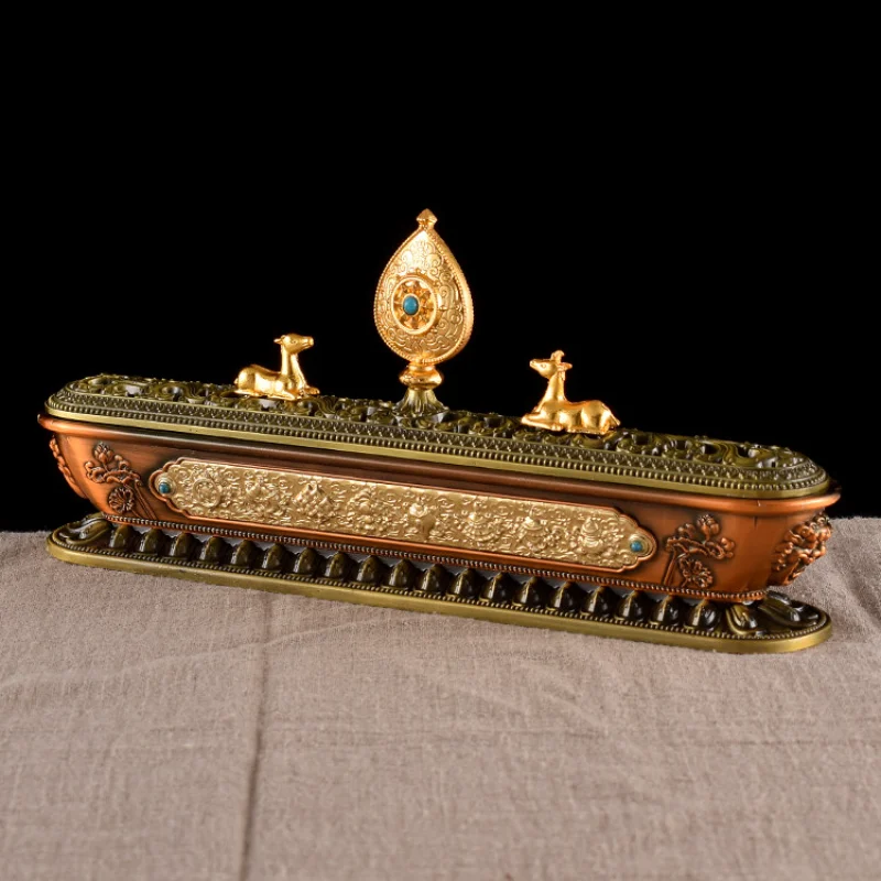 Tibetan Buddhist Reclining Incense Burner Ashtamangala Dharma Wheel Double Deer Joss Stick Holder Home Altar Aromatherapy Censer