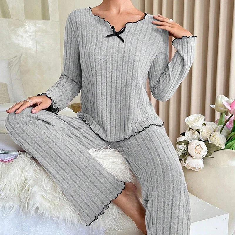 Women Ribbed Pajama Set V Neck Bow Long Sleeve Pants Soft Loungewear Two Piece Sleep Suit Daily Home Bedroom Casual Night Wear image 5