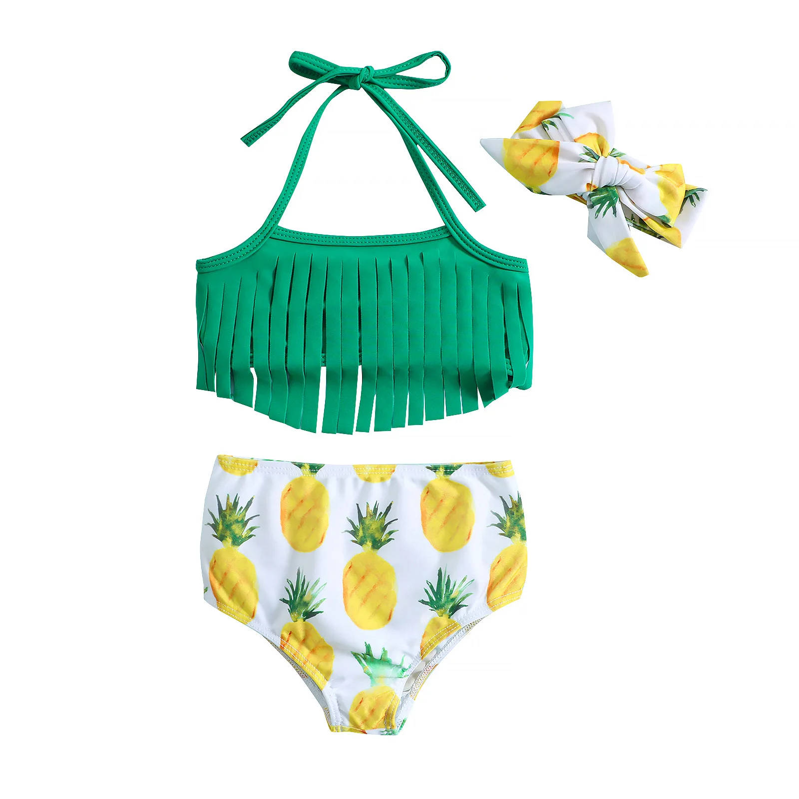 

Pineapple Print Bikini Swimwear Swimsuit Tassels for Infant Toddler Baby Girls Two Pieces Halter Beachwear Bathing Suit 3pcs/set