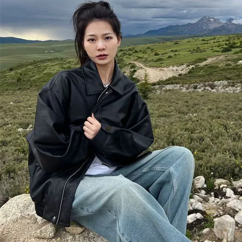 Gidyq-Chaqueta Vintage de Pu para mujer, ropa de calle de moda americana negra, abrigo de gran tamaño, chaqueta informal holgada de cuero sintético