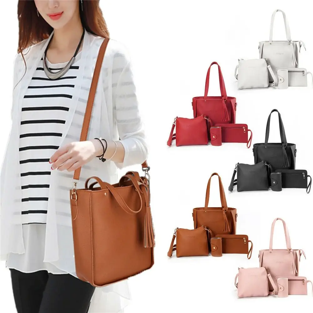 4Pcs/Set Crossbody Shoulder Bag High Capacity Pattern PU Leather Shoulder Bags Wallet Purse Ladies Crossbody Bag for Women Girls