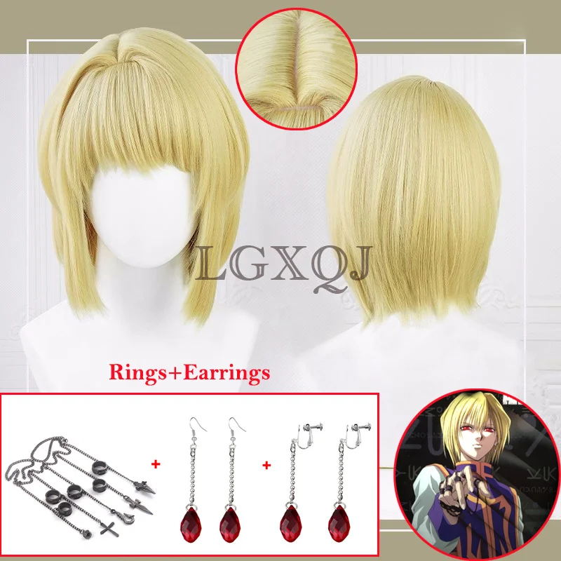 Peluca de Anime Kurapika Kurta para Cosplay, pelo resistente al calor, anillo, pendientes, accesorios, 34cm