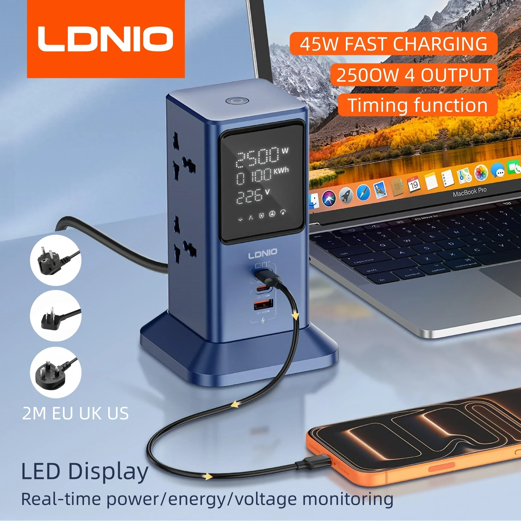 LDNIO Tower Power Strip Real-time LED Display Timer 4 Outlets 45W Fast Charging Surge Protection Desktop Socket UK US EU Plug 2M