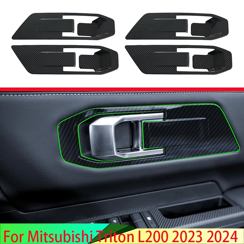 

For Mitsubishi Triton L200 2023 2024 Carbon Fiber Style Inner Door Handle Cover Catch Bowl Trim Insert Bezel Frame Garnish