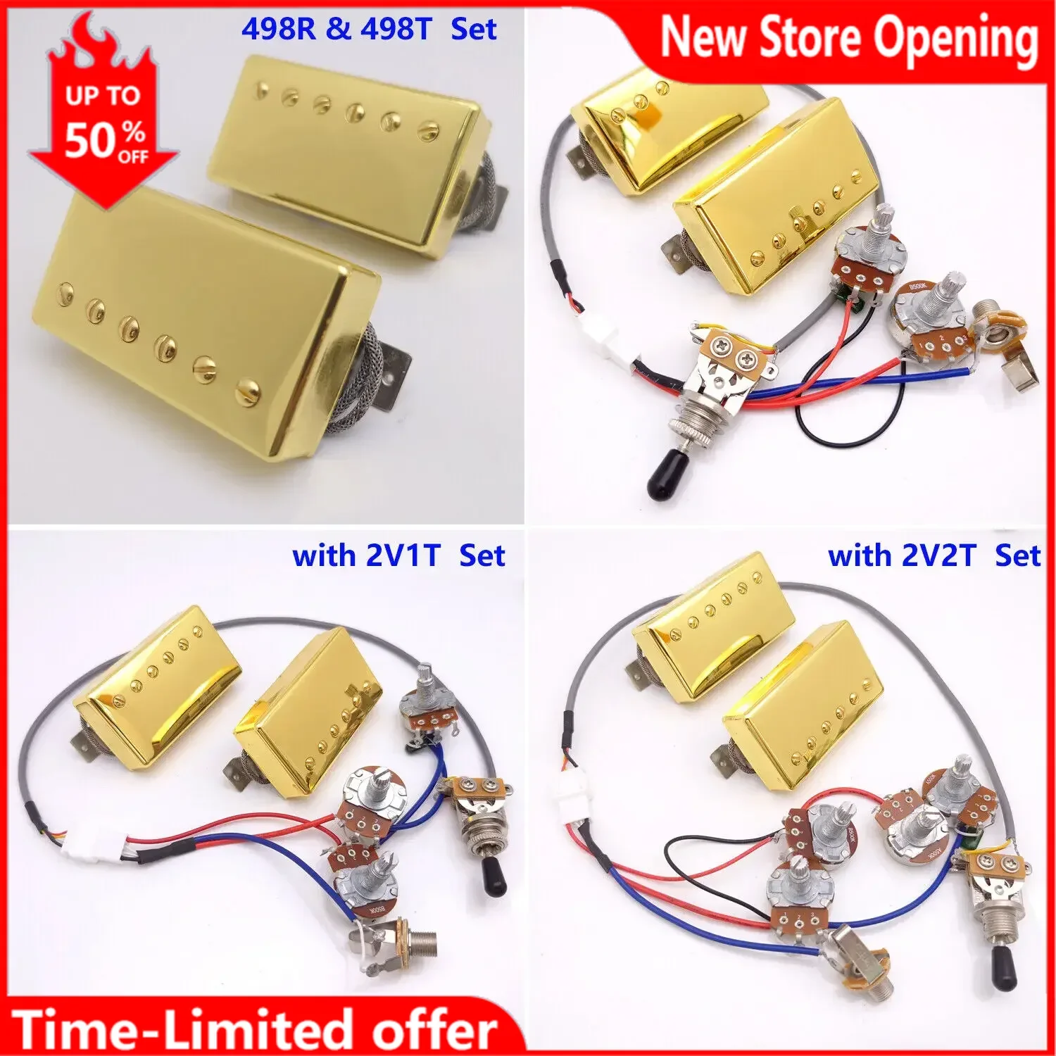 

Guitar Pickups 498R 498T Alnico II Humbucker Pickups Set with 2Conductor Wiring Harness 1V1T/2V1T/2V2T for LP Style Guitar Parts